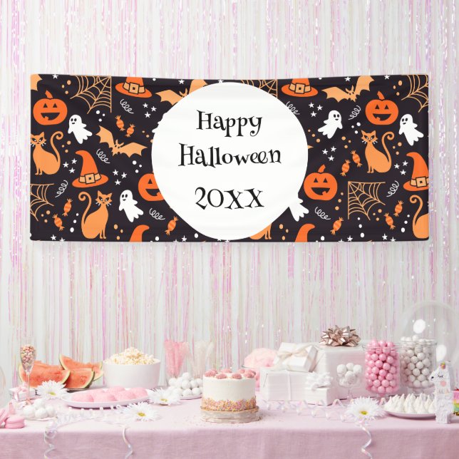 Cute Illustrated halloween characters on black bg Banner (Party)