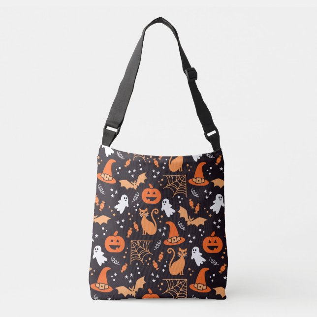 Cute Illustrated halloween characters on black bg Crossbody Bag (Front)