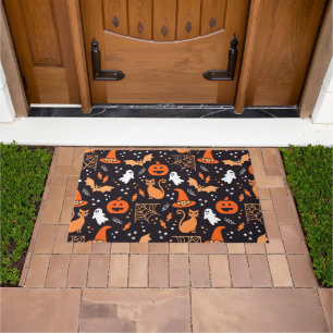 Cute Illustrated halloween characters on black bg Doormat