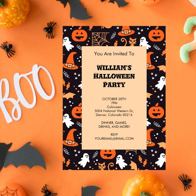 Cute Illustrated halloween characters on black bg Invitation (Creator Uploaded)