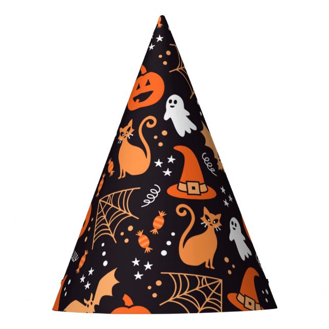 Cute Illustrated halloween characters on black bg Party Hat (Front)