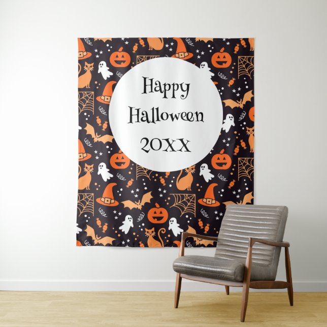 Cute Illustrated halloween characters on black bg Tapestry (In Situ)