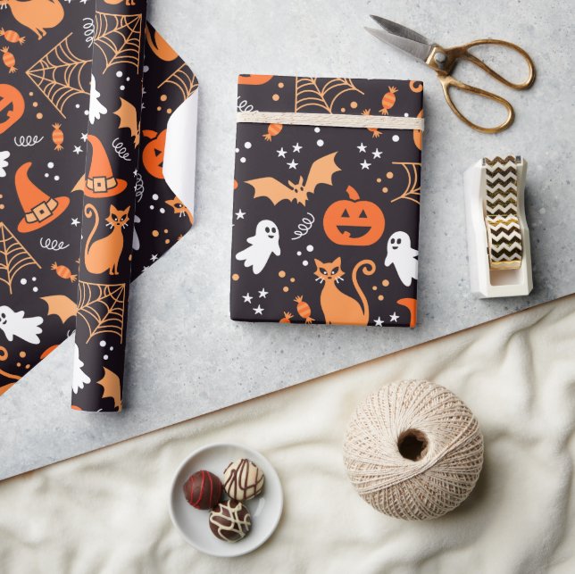 Cute Illustrated halloween characters on black bg Wrapping Paper (Crafts)