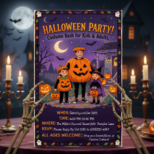 Cute Illustrated Halloween Costume Party Family Invitation