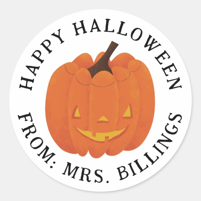 Cute, illustrated jack o' lantern pumpkin custom  classic round sticker (Front)