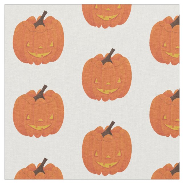 Cute, illustrated jack o' lantern pumpkin fabric (Close Up)