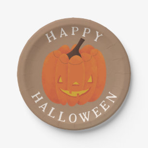 Cute, illustrated jack o' lantern pumpkin paper plate