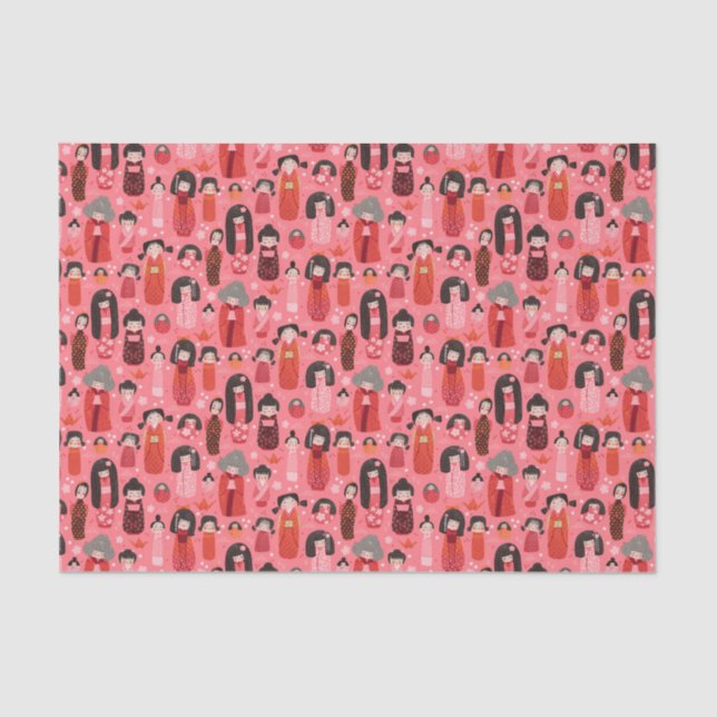 Cute Illustrated Japanese Kokeshi Pink Tissue Paper (Front)