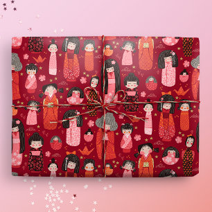 Cute Illustrated Japanese Kokeshi Red Wrapping Paper