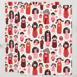 Cute Illustrated Japanese Kokeshi Scrapbook Paper