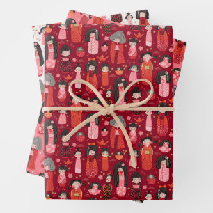 Cute Illustrated Japanese Kokeshi Set of Three Wrapping Paper Sheet