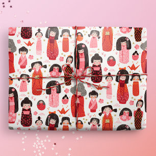 Cute Illustrated Japanese Kokeshi Wrapping Paper