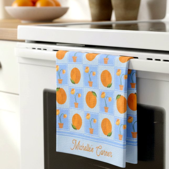 Cute Illustrated Peach & Flower Pot Kitchen Cloth (Cute peaches & flowers with stitched charm. Customizable dish cloth for your kitchen.)