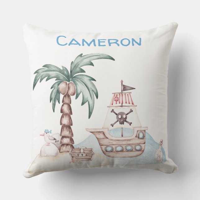 Cute Illustrated Pirate Theme with Custom Name Cushion (Back)