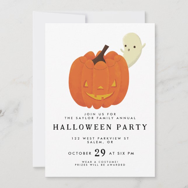 Cute, illustrated pumpkin and ghost design invitation (Front)