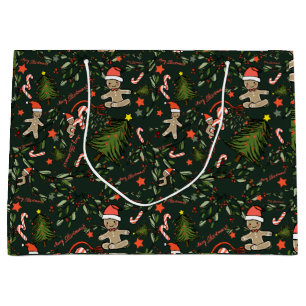 Cute Illustrated Retro Christmas Dark Green Large Gift Bag