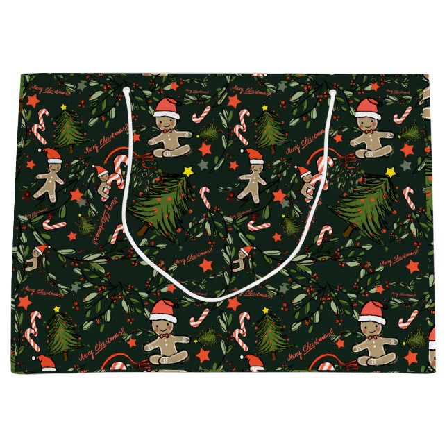 Cute Illustrated Retro Christmas Dark Green Large Gift Bag (Front)