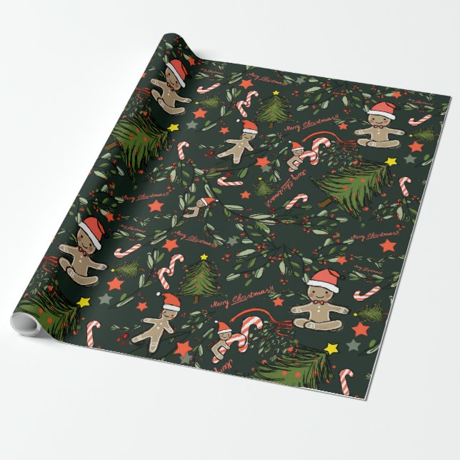 Cute Illustrated Retro Christmas Dark Green Wrapping Paper (Unrolled)