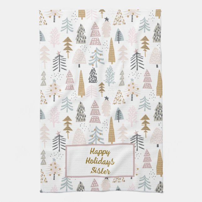 Cute Illustrated Rustic Winter Trees Kitchen Towel (Vertical)
