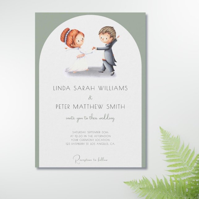 Cute Illustrated Sage Green Arch Wedding Invitation (Cute sage green wedding invitation with a bride and groom illustration)