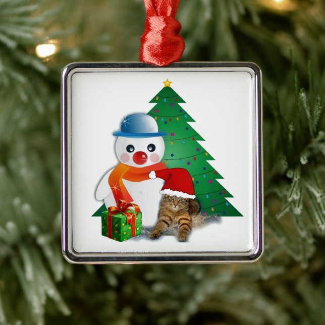 Cute Illustrated Snowman, Cat and Christmas Tree Metal Ornament (Tree)
