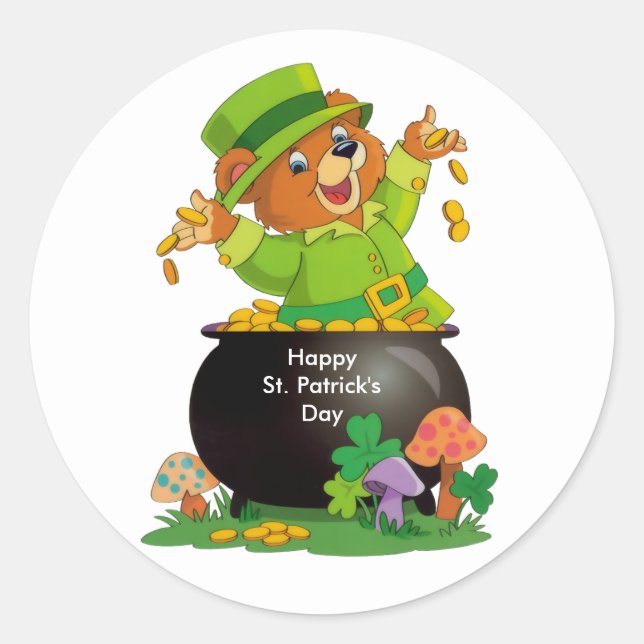 Cute illustrated St. Patrick's day Bear Classic Round Sticker (Front)