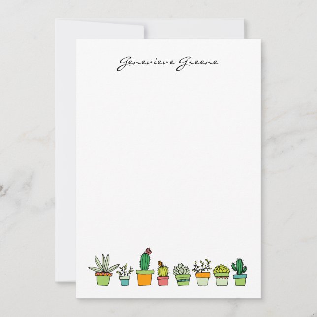 Cute Illustrated Succulent Monogram Note Cards (Front)