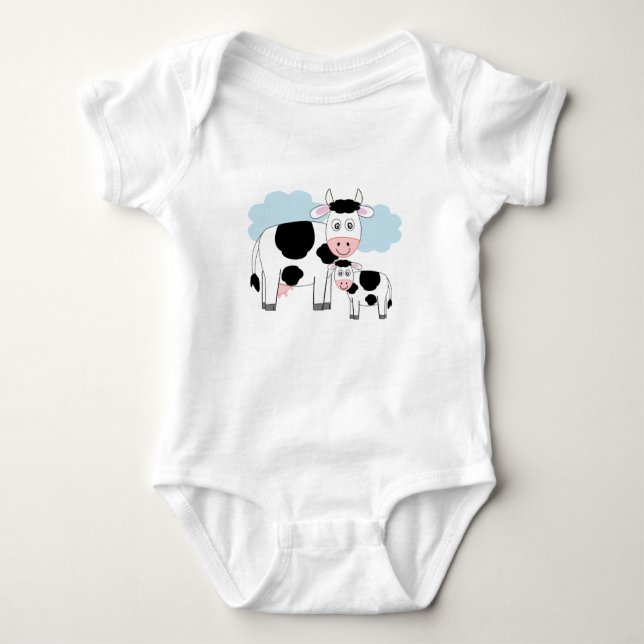 Cute illustrated t-shirt "Mother Cow and her Calf" Baby Bodysuit (Front)