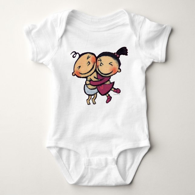 Cute Illustrated Toddlers Hugging Baby Bodysuit (Front)