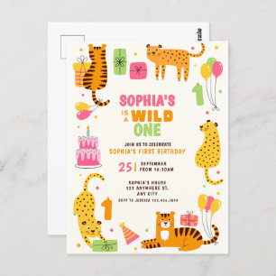 Cute illustrated wild animals first birthday postcard