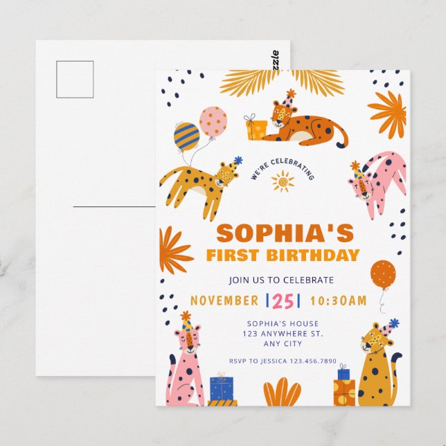Cute illustrated wild animals first birthday postcard (Front/Back)