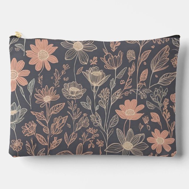 Cute illustration graphic line drawn flowers accessory pouch (Front)