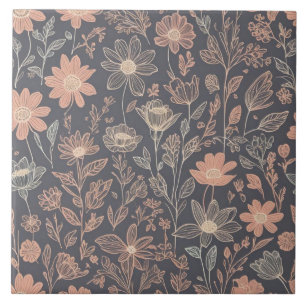 Cute illustration graphic line drawn flowers ceramic tile