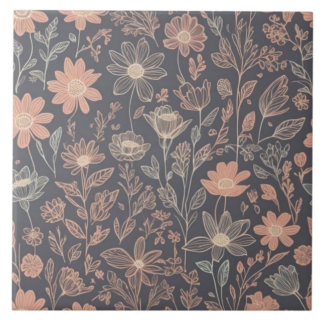 Cute illustration graphic line drawn flowers ceramic tile (Front)