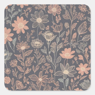 Cute illustration graphic line drawn flowers square sticker