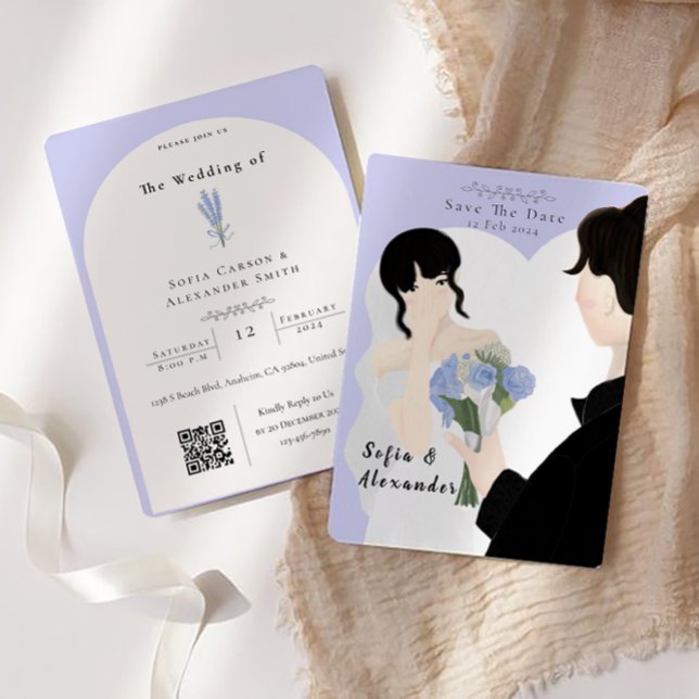 Cute Illustration With QR Code RSVP Wedding  Invitation (wedding card)