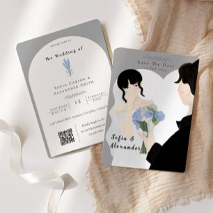 Cute Illustration With QR Code RSVP Wedding Invitation