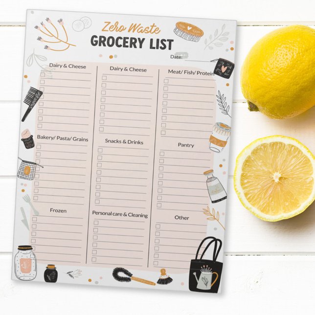Cute Illustration Zero Waste Grocery Shopping List Notepad (In situ)