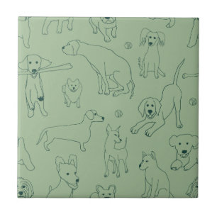 Cute Illustrations of Dogs Green Line Art Ceramic Tile