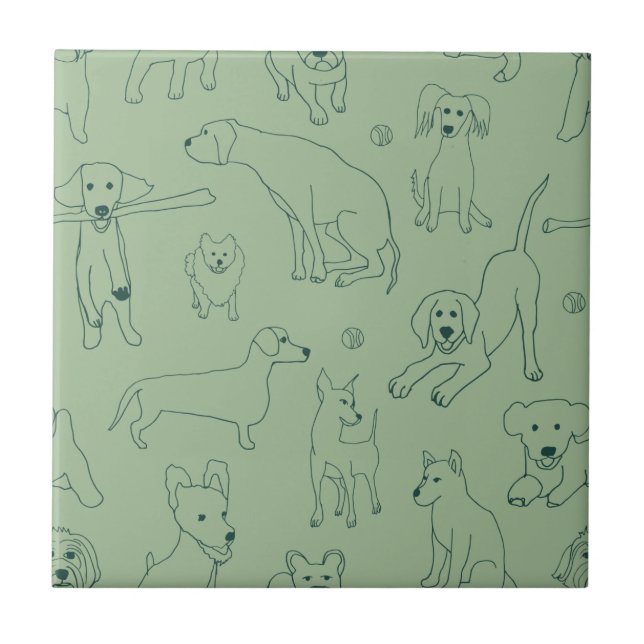 Cute Illustrations of Dogs Green Line Art Ceramic Tile (Front)