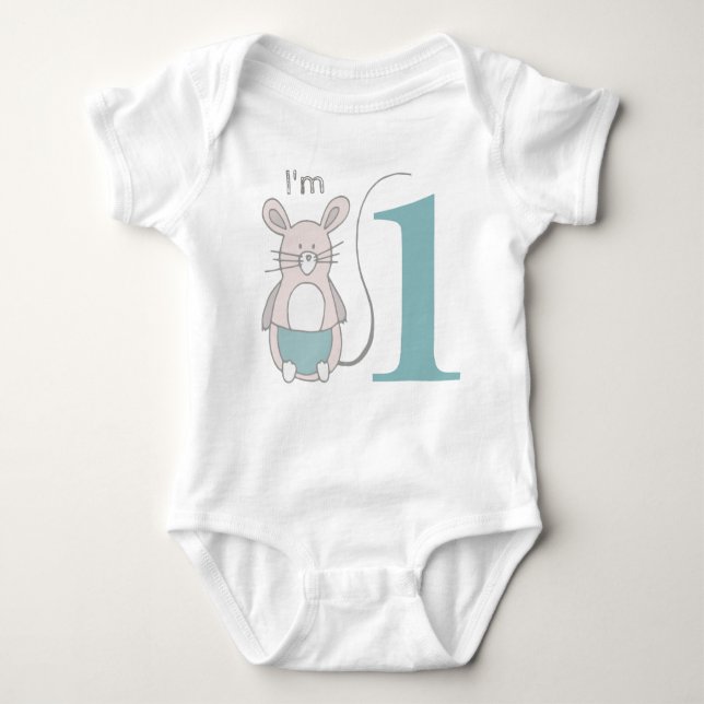 Cute "I'm 1" Funny Mouse Blue Baby Bodysuit (Front)