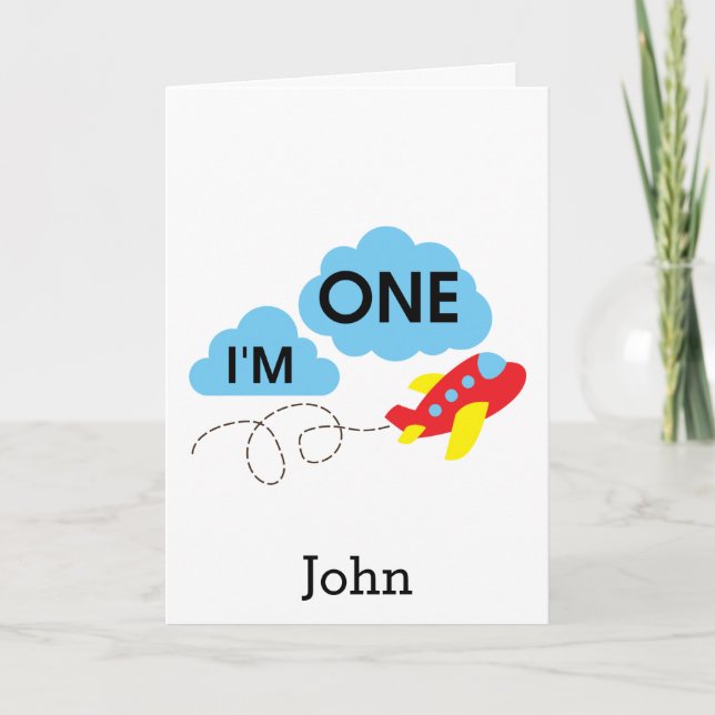 Cute I'M One Plane Boy 1st Birthday Card (Front)