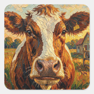 Cute Impasto Cow on Farm Blank Square Sticker