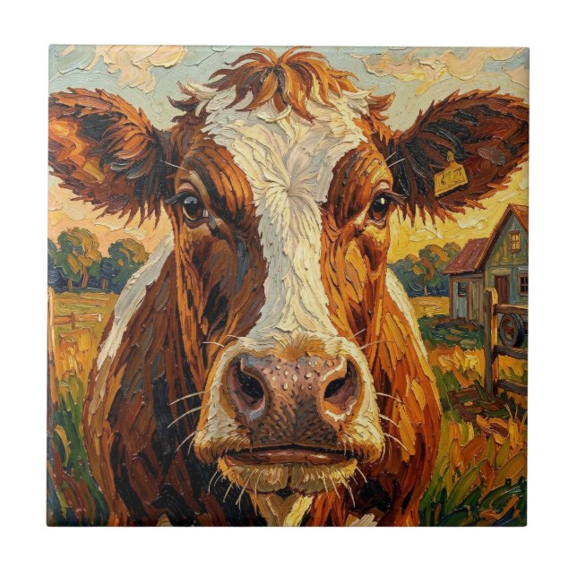 Cute Impasto Cow on Farm   Ceramic Tile (Front)