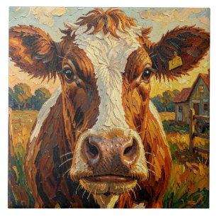 Cute Impasto Cow on Farm Ceramic Tile