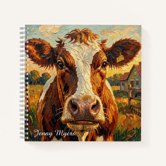 Cute Impasto Cow on Farm Personalised Notebook (Front)