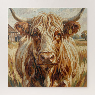 Cute Impasto Cow on Rustic Ranch Jigsaw Puzzle