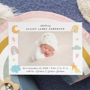Cute In the Clouds Rainbow & Stars Photo Birth Announcement
