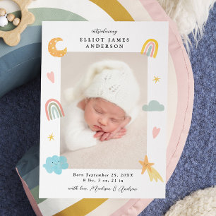 Cute In the Clouds Rainbow & Stars Photo Birth Announcement