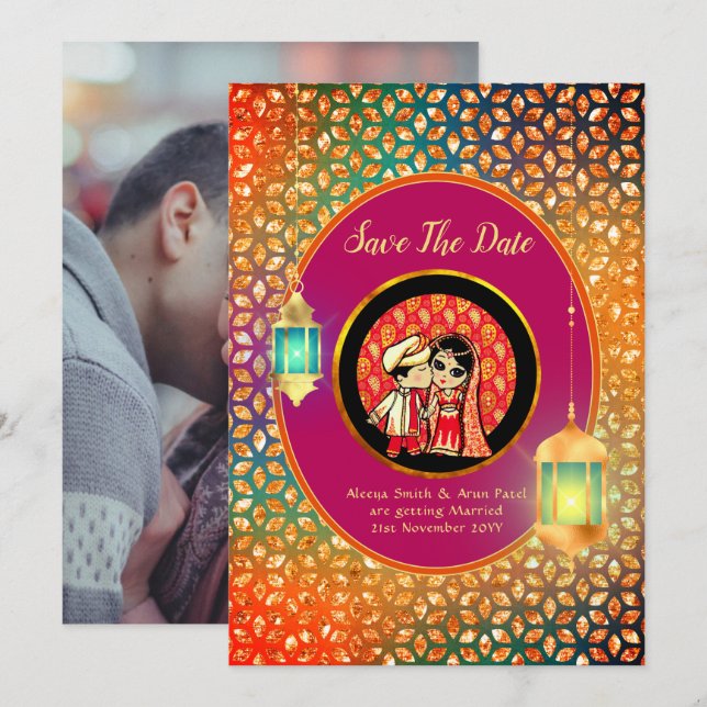 Cute Indian Cartoon Couple Save The Date ADD PHOTO Invitation (Front/Back)